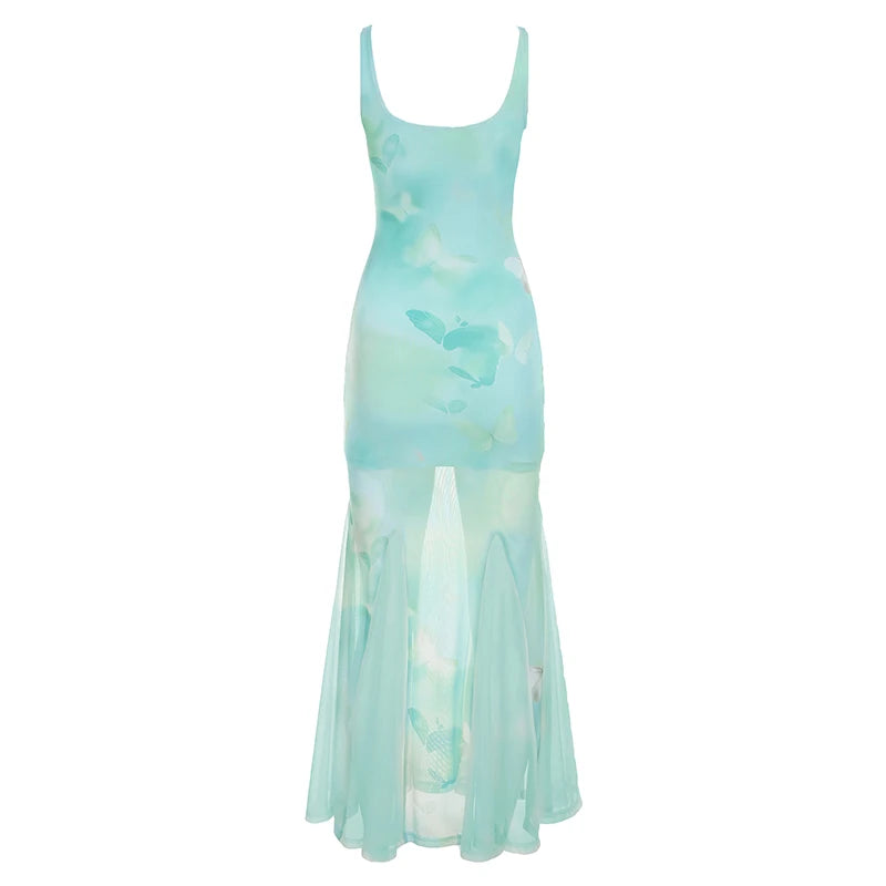 BXOXO Fashion Elegant Butterfly Print Skinny Sheer Trim Trumpet Sleeveless Summer New Mint Manbo Dresses