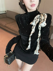 Bxoxo Vintage Polka Dots Velvet Tops Women Y2K Autumn Korean Chic Folds Slim Long Sleeve T Shirt Elegant Bow Lace Up Ladies Pullover