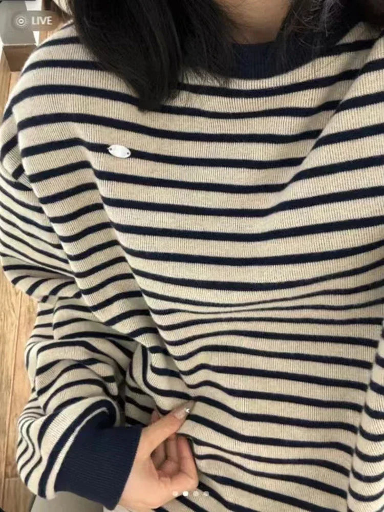 Bxoxo Retro Striped Sweatshirt Women Autumn Warm Long Sleeve O Neck Knitted Pullover Korean Loose All-Match Preppy Hoodie Female New
