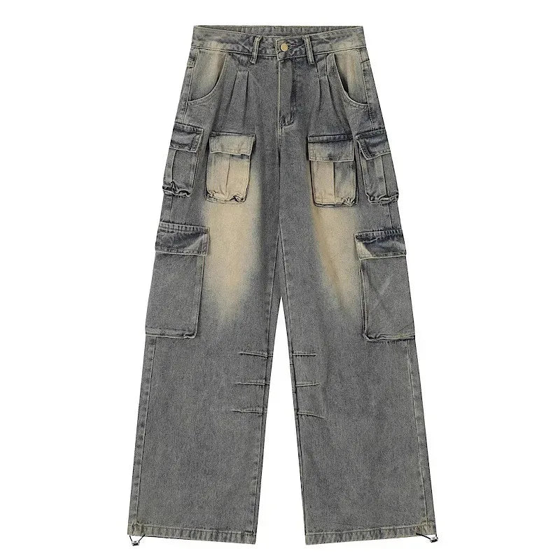 Bxoxo American Streetwear Cargo Jeans Women Y2K 90S Retro High Waist Washing Loose Denim Trousers Hip Hop Pockets Wide Leg Pants