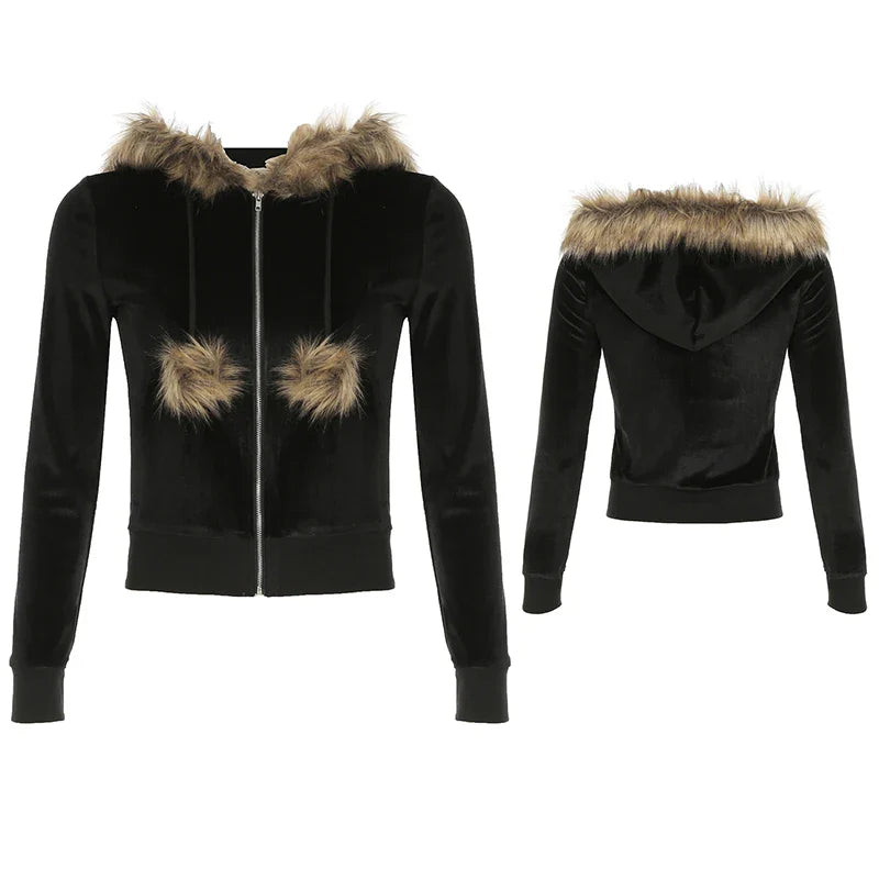 BXOXO Zip Up Fur Neck Hoodie Coats Fashion Slim Solid Y2K Vintage Women's Jackets Casual Streetwear Chic Basics Clothes