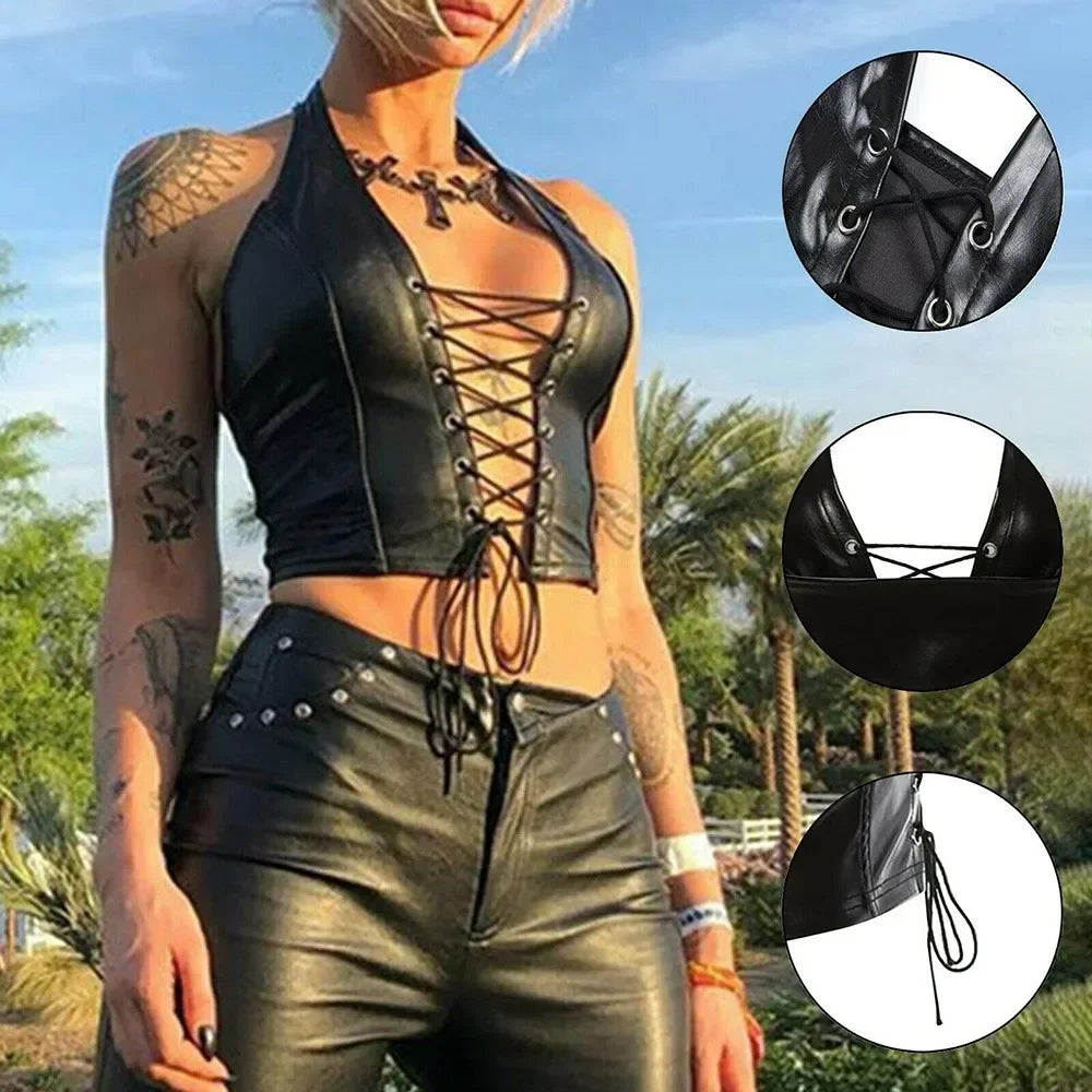 BXOXO Sexy Women‘s Tanks Vests Solid Black PU Leather Y2k Gothic Lace Up Deep V Neck Party Clubwear Wet Look Corset Bra Vest T Shirt