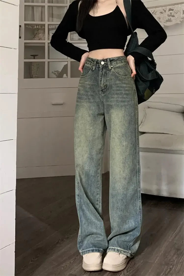 Bxoxo Vintage High-waisted Slimming Jeans American Style Casual Bell Bottoms Versatile Straight-leg Long Pants For Women