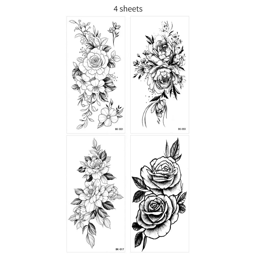 BXOXO 1/4pcs Black Flower Temporary Tattoos for Women Men Waterproof Realistic Floral Tattoo Stickers for Hand Arm Body Fake Tattoo