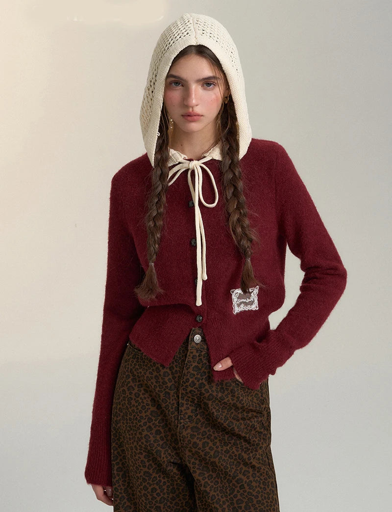 Bxoxo Vintage Streetwear Hooded Cardigan Women Long Sleeve Hollow Out Patchwork Knitted Sweaters American Retro Lace Up Lace Tops