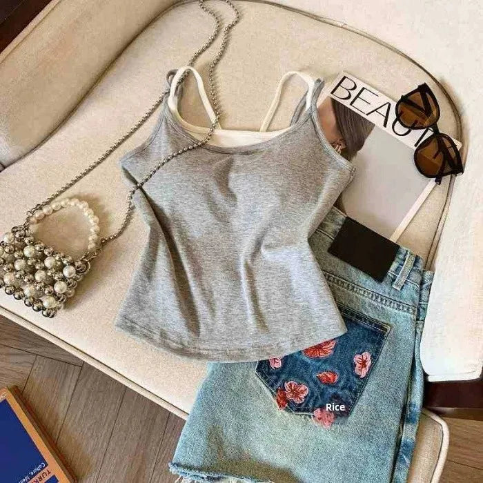 Bxoxo Fashion Patchwork Fake 2 Piece Women Camis Summer Fashion Spaghetti Straps with Chest Pad Vest Korean Chic Base Tank Female