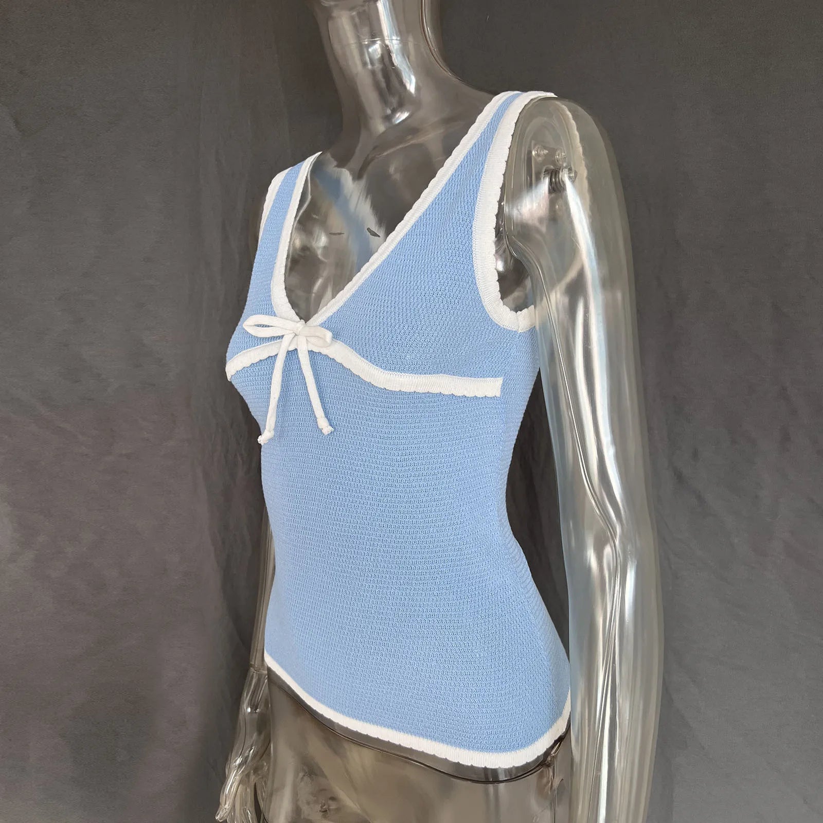 Bxoxo Knitted Deep V-neck Bow Women Crop Top Blue Patchwork Spaghetti Strap Tank Top Female Spring Slim Casual Streetwear 2024