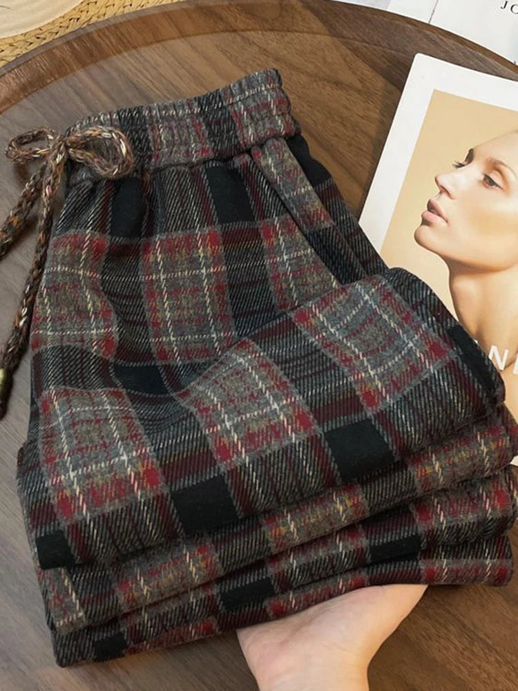 Bxoxo Retro Streetwear Plaid Pants Women Lace Up Loose Hip Hop Straight Trousers High Waist Casual Vintage Harajuku Bf Wide Leg Pant