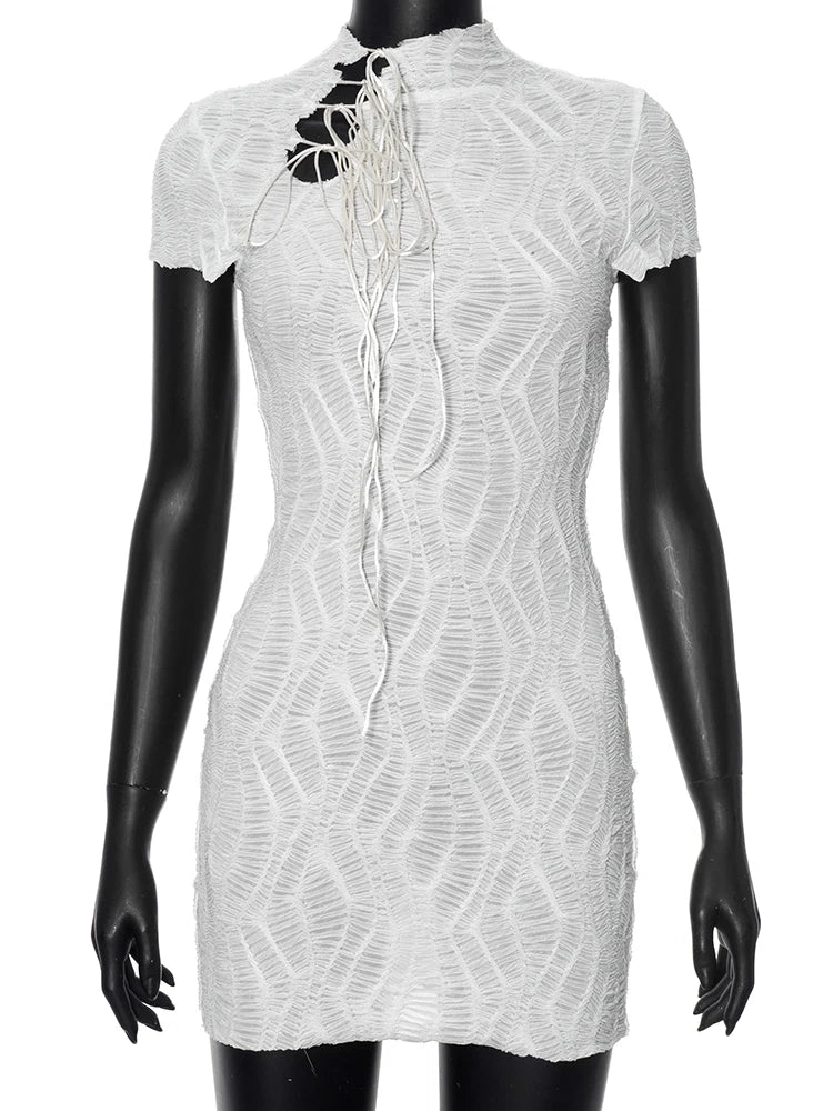 Bxoxo Jacquard Shirring Dress Women See Through Sexy Elegant Chic Y2K Shorts Sleeve Peach Hip Simple Fashion Mini Bodycon