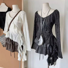 Bxoxo Irregular Patchwork Women T Shirts Y2K Fashion Gothic Ruffled Sleeve Female Tops Streetwear Sexy Hollow Out Hole Casual Tees New