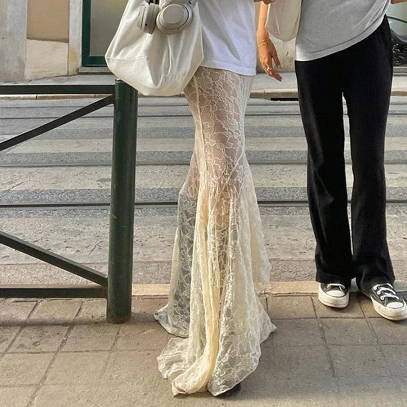 Bxoxo Two Layer Lace Trumpet & Mermaid Long Skirts For Women Vintage Elegant Fashion High Waist Skirt Holiday Outfits