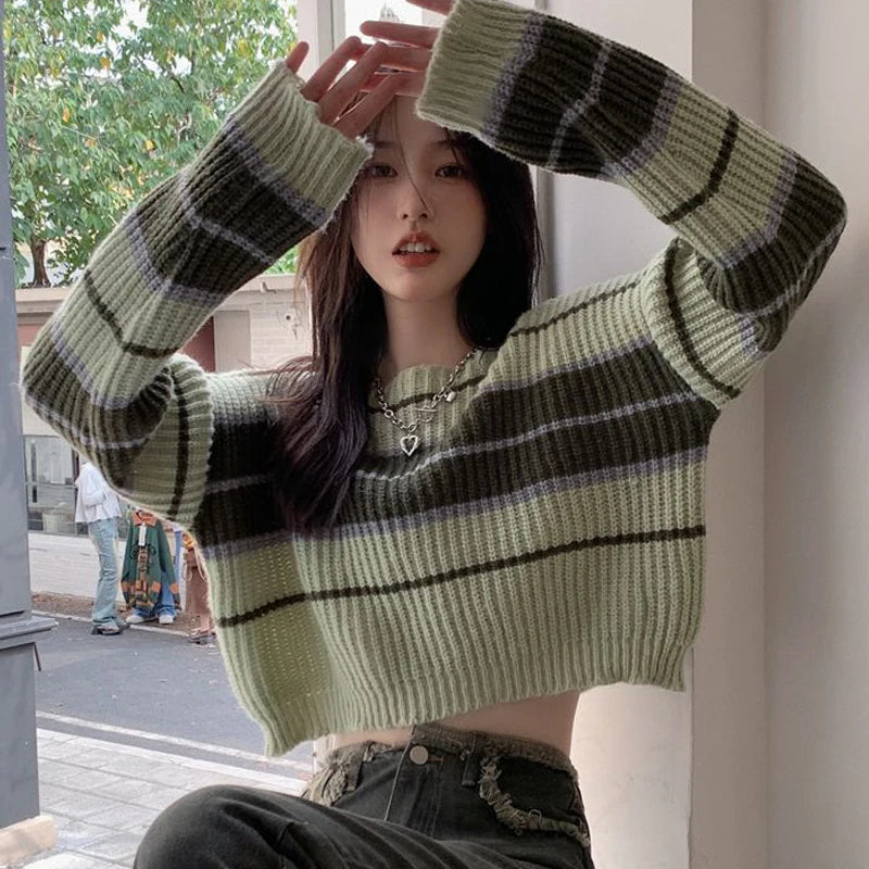 Bxoxo Women's Trendy Contrast Color Striped Chic Sexy Crop Tops Y2K Streetwear Female O Neck Long Sleeve Slim Pullover Knitted Sweater