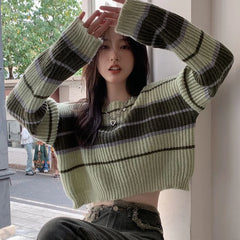 Bxoxo Women's Trendy Contrast Color Striped Chic Sexy Crop Tops Y2K Streetwear Female O Neck Long Sleeve Slim Pullover Knitted Sweater