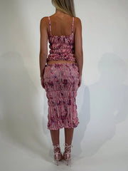 BXOXO See Through Print Folds 2-Piece Set Women Backless Sleeveless Suspenders+Elasticated Waist Skirts Holiday Matching Suit