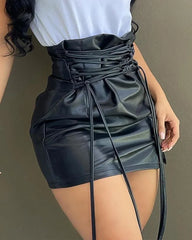 BXOXO Lace-up High Waist PU Leather Mini Skirt Women Sexy Black Slim Mini Skirts