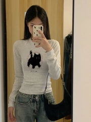 BXOXO New Fashion Kawaii Cat Print Grunge T-shirts 2025 Autumn Sweet Flower Grey Crop Top Women Y2k Aesthetic Al Match Harajuku Tees