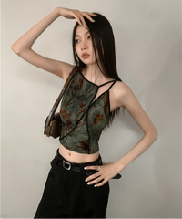 Bxoxo Flocking Floral Vintage Crop Cami Top For Women 2024 Sleeveless Flower Green Tops Designer Clothes Luxury