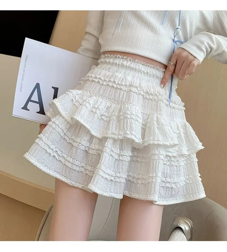 BXOXO Sweet Cute Lace Mini Skirt Women Kawaii White Ruffles Pleated Skirts Summer Korean High Waist Black Casual A Line Skirt