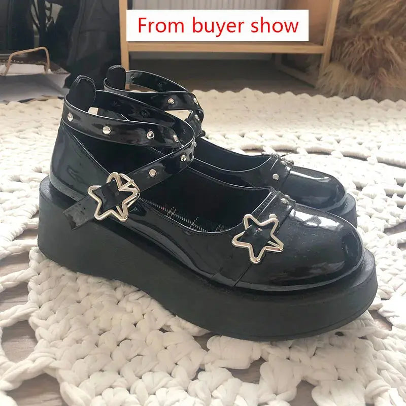 BXOXO Shoes Lolita shoes Women heels platform mary janes Star Buckle Strap Mary Janes Women Cross-tied Girls Rivet Casual kawaii shoes