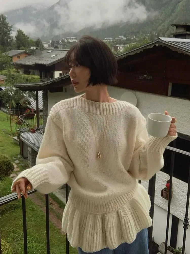 Bxoxo Japanese Loose Ruffles Women Sweater Autumn Korean Chic Button Patchwork Warm Pullover Female New Solid All Match Knitted Jumper