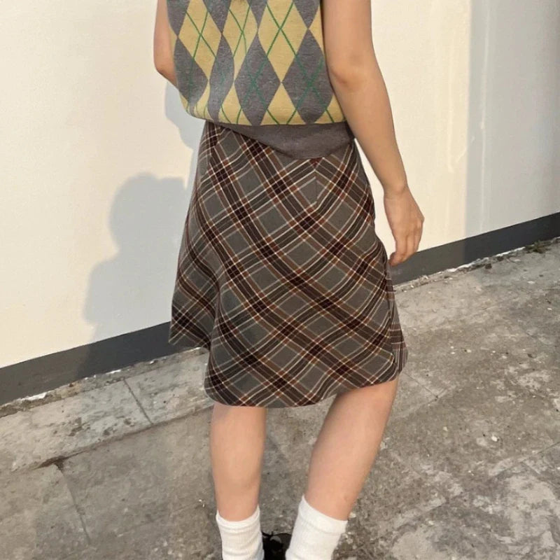 BXOXO Grey Plaid Skirts Women Autumn High Waist French Temper College A-line Skirt Faddish Simple Retro Designer Knee-length Faldas