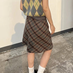 BXOXO Grey Plaid Skirts Women Autumn High Waist French Temper College A-line Skirt Faddish Simple Retro Designer Knee-length Faldas