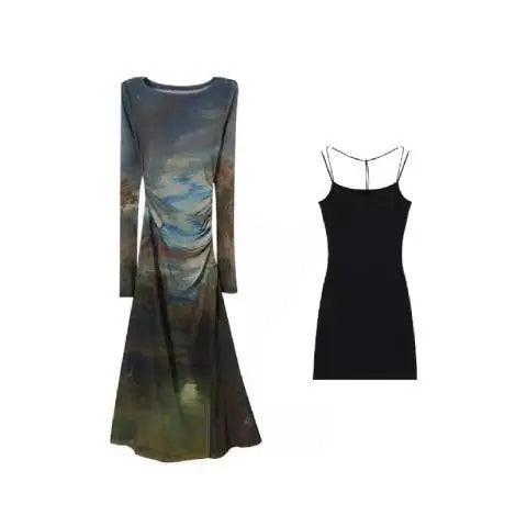 BXOXO American Vintage Tie Dye Mesh Dress for Women Autumn Slim Waist Long Sleeve Vestidos+ Bottoming Strap Two Piece Sets