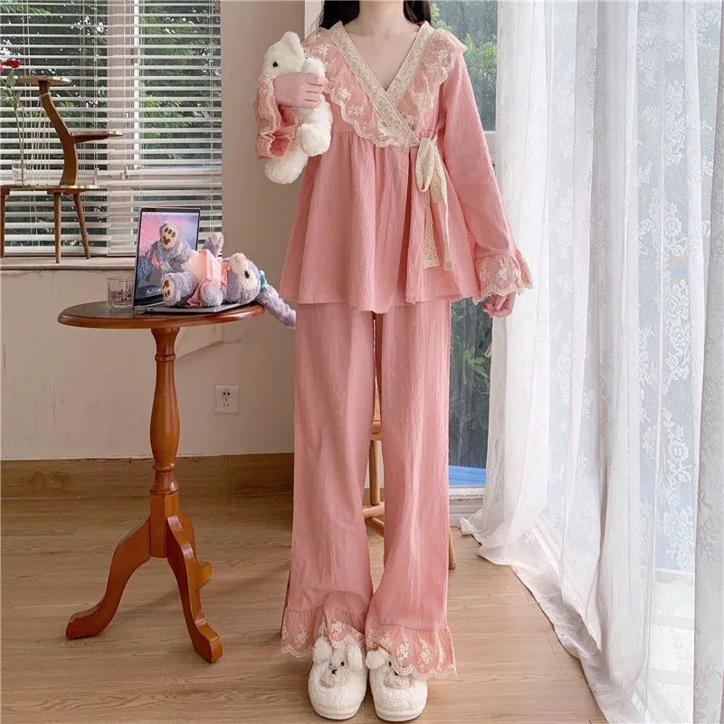 BXOXO New V-neck Tied Pajama Set for Women Spring Autumn Tops Long Sleeved Pants Lace Lace Pajamas