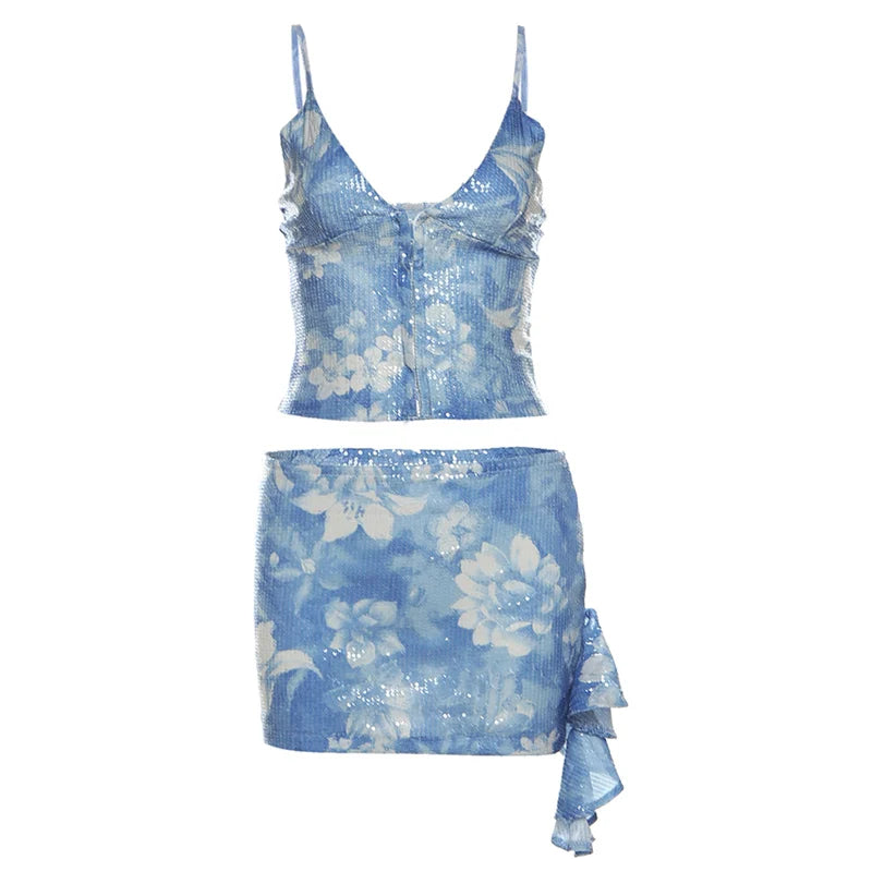 BXOXO Sexy 2 Piece Set Women Art Print Halter v-Neck Backless Sleeveless Tops+Short Tassel Bottoms Beach Party Matching Suits