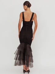BXOXO Mesh Backless Sexy Maxi Dress For Women Gown Two Layer Spaghetti Strap Sleeveless Ruched Bodycon Club Party Dress