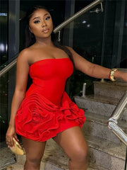 BXOXO Appliques Attractive Women Mini Dress Solid Sexy Strapless Ruched Stacked Body-shaping Vestidos Female Classic Party Robe
