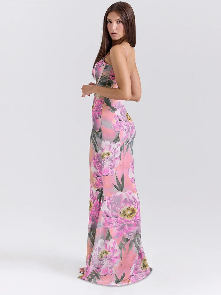 BXOXO Flower Print Dress Women Temperament Patchwork Spaghetti Strap Draped Backless Sleeveless Sexy Birthday Party Vestidos