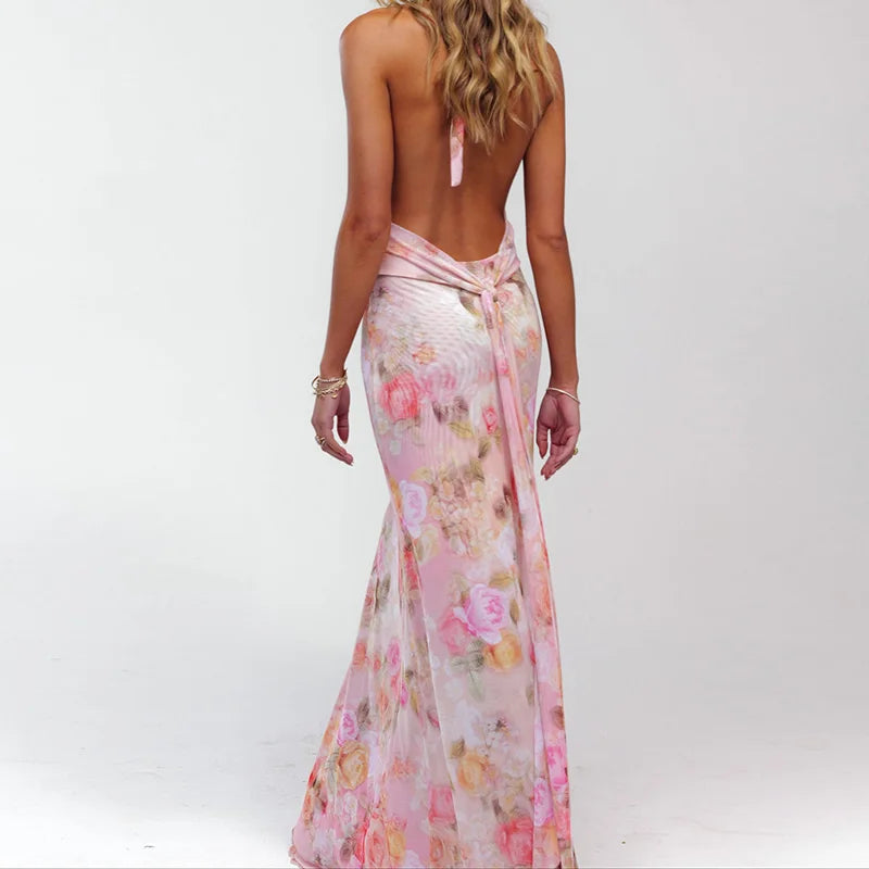 BXOXO Y2k Women Boho Floral Print Halter Maxi Bodycon Dress Summer Backless Ruffle Flowy Long Dress Beach Vacation Sundress