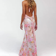 BXOXO Y2k Women Boho Floral Print Halter Maxi Bodycon Dress Summer Backless Ruffle Flowy Long Dress Beach Vacation Sundress
