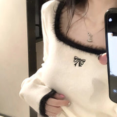 Bxoxo Women Butterfly Embroidered T-shirts Square Neck  Long Sleeve Patchwork Y2K T-Shirts Casual Tees Women Autumn Winter