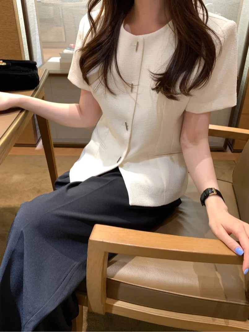 Bxoxo Versatile ort Sve round Ne Outerwear Little Fraance Sle Polyester Fiber Single Button Closure Pure Color Summer Ja...
