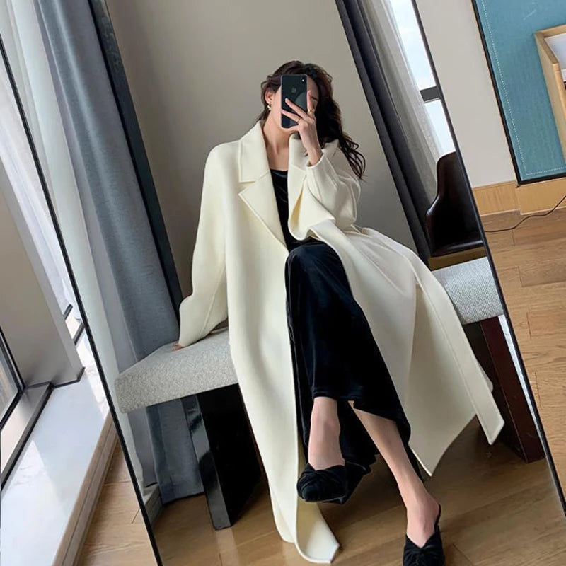 BXOXO Elegant Midi Wool Blends Coat Women Korean Thicken Long Bandage Jackets Oversized Lace Up Outwear White Cardigan Woolen Overcoat