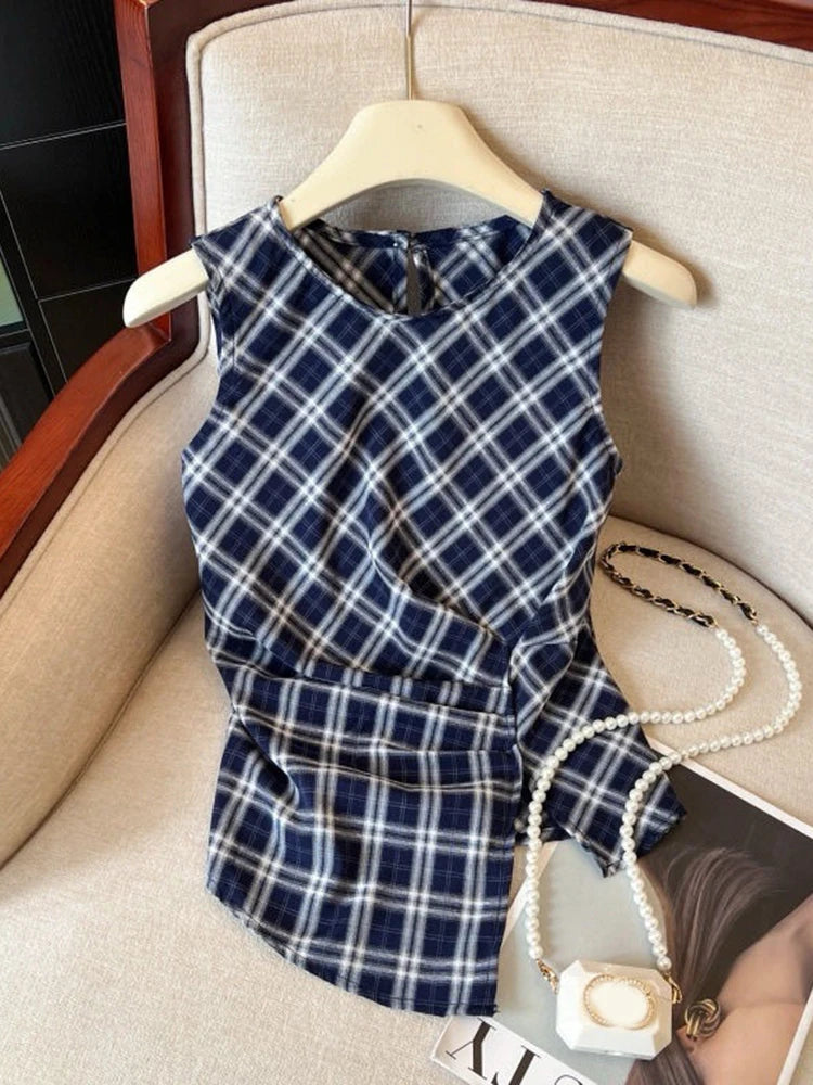 Bxoxo Retro Women Red Plaid Tanks Casual O Neck Slim Korean Vintage Tanks Summer Sleeveless Irregular Female Design Simple Tops
