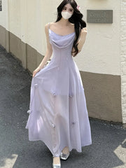 Bxoxo Summer Womens Fairycon Korean Floral Long Dresses New Fashion Slim Waist Spaghetti Strap Party Dress 2025 Holiday Vacation Robe