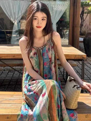 Bxoxo Summer New Large Size Retro Yunnan Travel Floral Tie Dye ter Dr Women's Vaion Sle Loose Waist A-Line Long Dr