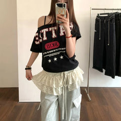 Bxoxo Korean Style Mini Skirts Women Harajuku Sweet Lace Up Short Skirts Cute High Waist Y2k Streetwear Black Ruffle Skirt