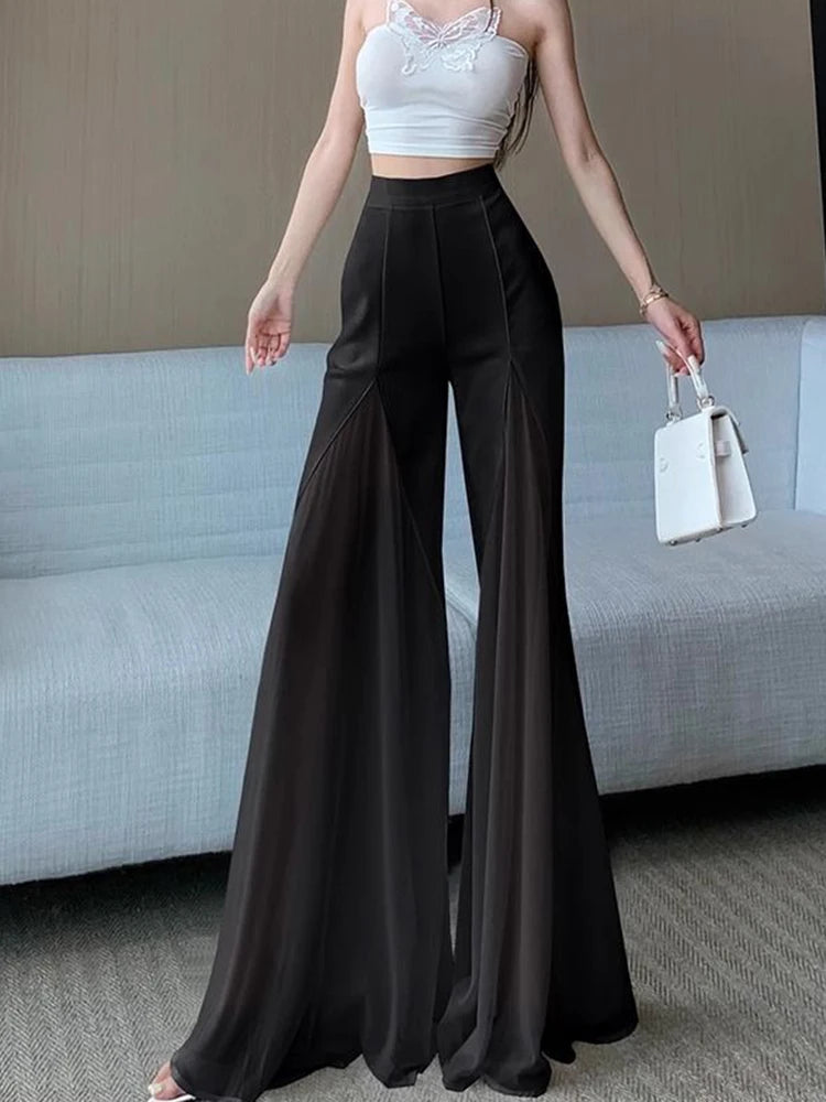Bxoxo Chic Mesh Patchwork Flare Pant Women Casual Fashion Loose High Waist White Trousers Elegant Design Lady Summer Sweet Pants