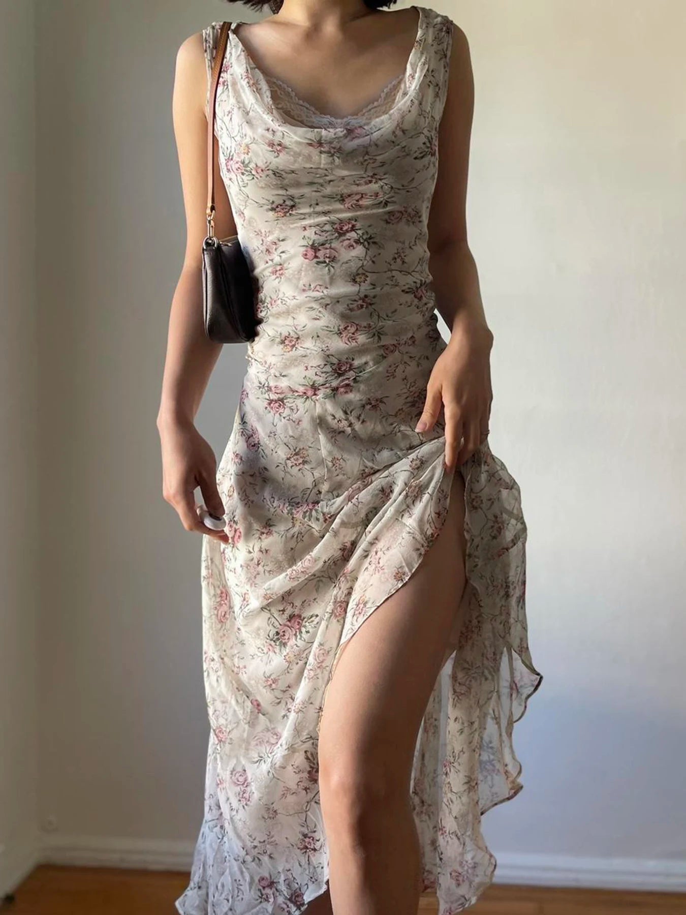 BXOXO French Chic Elegant Flower Print Women Dress Lace Trim Ruched Slim Long Dress Summer New Clothes