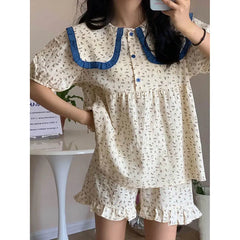 BXOXO Collar Sleepwear Women Pajama Sets Korean Short Sleeve Piiama Summer Set 2 Pieces Floral Night Wear Sleeping Home Suit