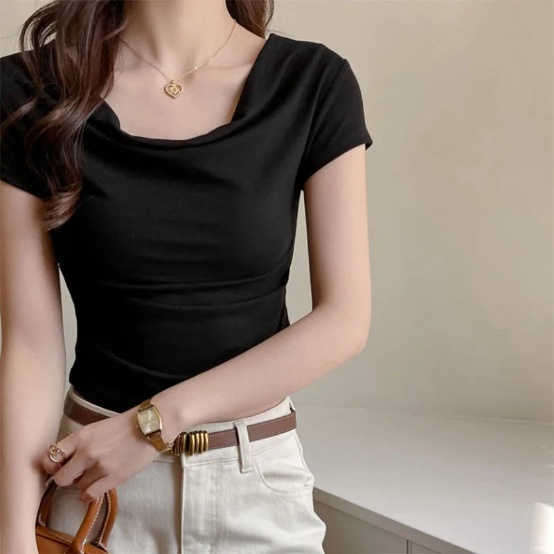 Bxoxo Summer Women's Cropped T Shirts Elegan Slash Neck Short Sleeve Tops Female Korean Slim Office Ladies Basic Tees New