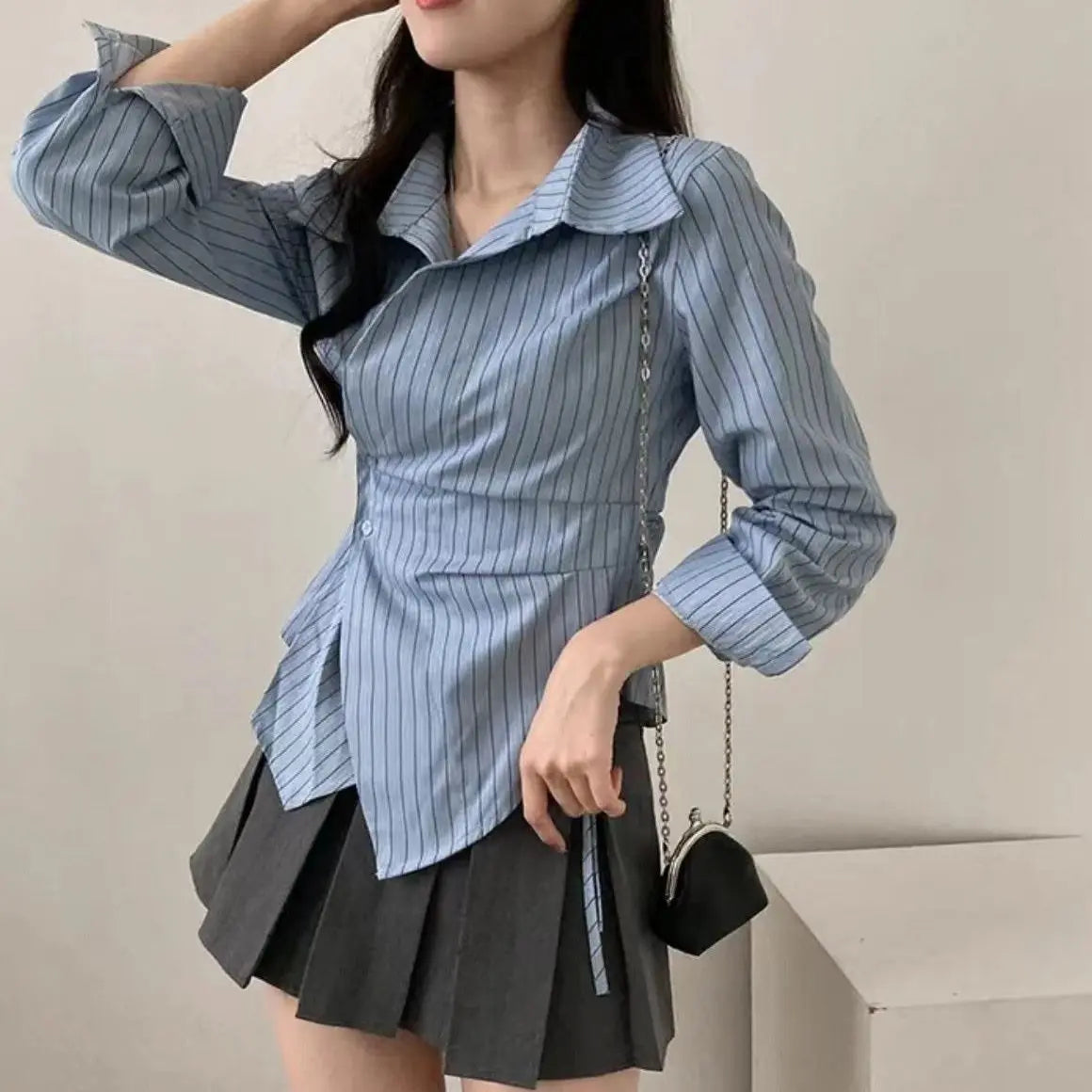 Bxoxo Striped Women Shirt Korean Version Design Irregular Waist Shirts Spring and Summer Preppy Style Long Sleeved Slimming Top