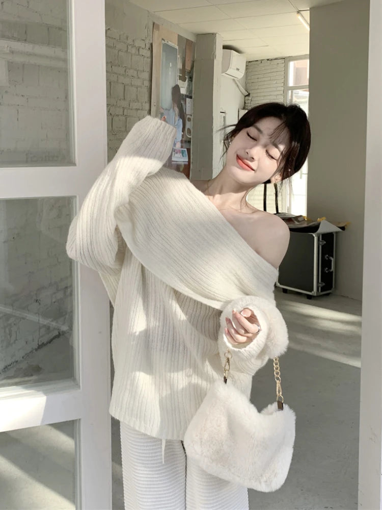 Bxoxo Autumn Design Sexy White Knitted Sweater Women Long Sleeve Pure Color Korean Fashion Y2k Clothing Elegant Pullover Female