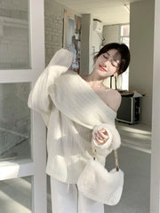 Bxoxo Autumn Design Sexy White Knitted Sweater Women Long Sleeve Pure Color Korean Fashion Y2k Clothing Elegant Pullover Female