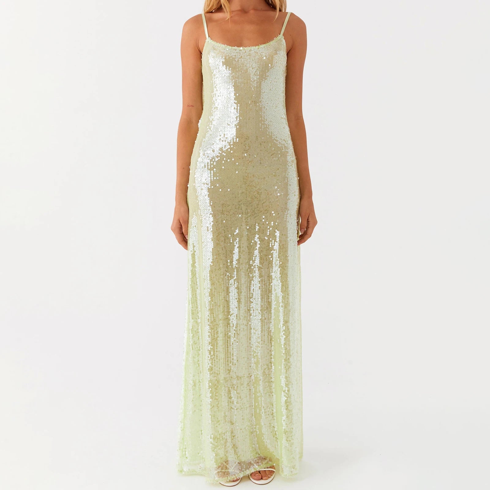 BXOXO Women Shiny Sequins Dress Summer Draped Backless Spaghetti Strap Party Dress for Vacation Cocktail Beach Streetwear