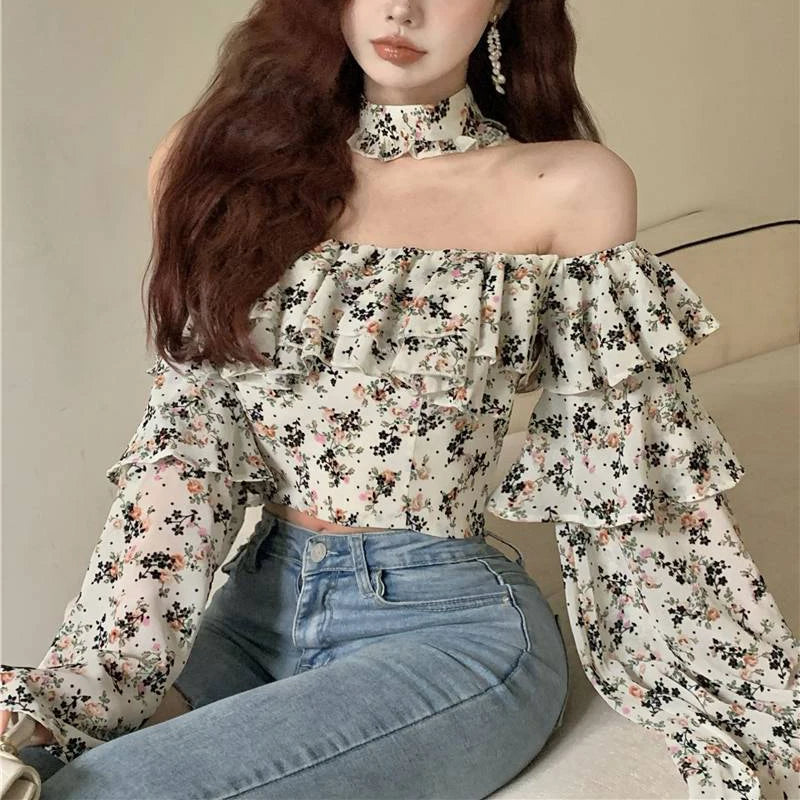 Bxoxo Retro Ruffle Floral Women Shirts Spring New Slash Neck Casual Chiffon Shirt Korean Elegant Patchwork Slim Ladies Cropped Tops